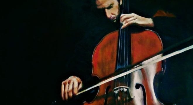Painting of a man playing the bass