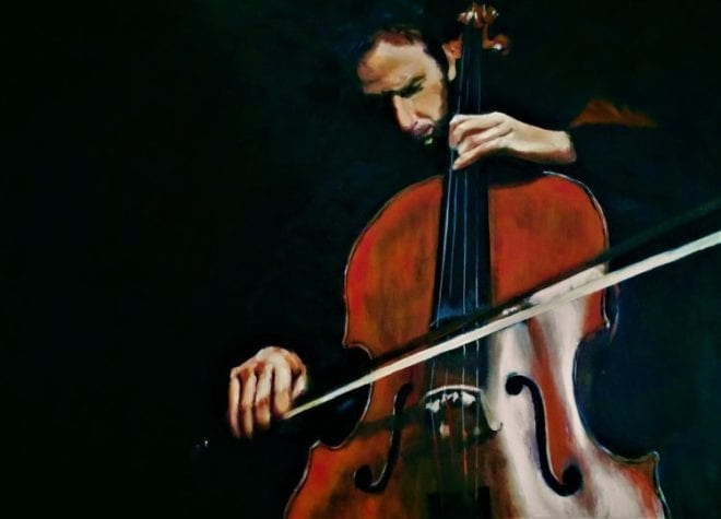 Painting of a man playing the bass