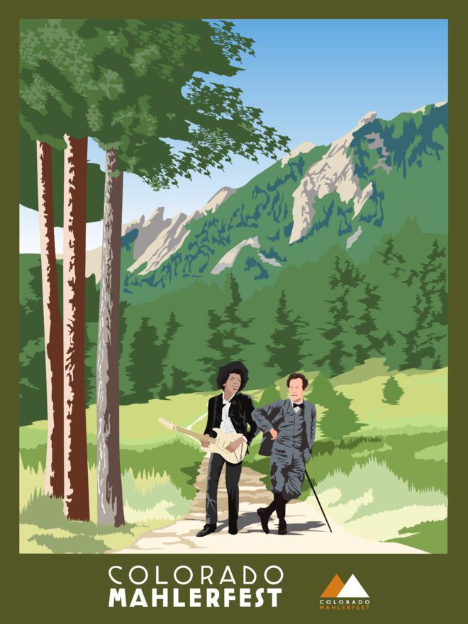 A MahlerFest poster depicting Gustav Mahler standing next to Jimi Hendrix in front of the Flatirons.