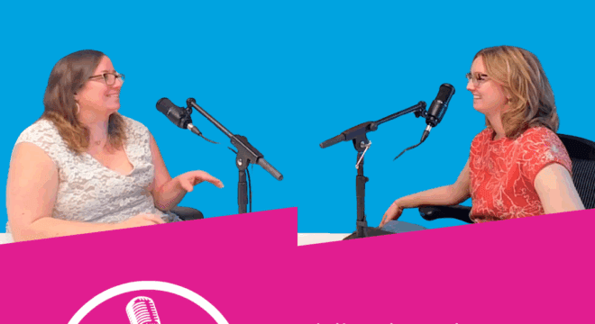 Emma Mantooth and Heidi Echtenkamp smile in front of microphones on a blue background with the title of the podcast episode below.