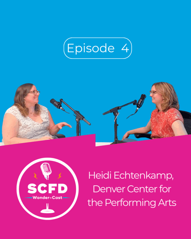 Emma Mantooth and Heidi Echtenkamp smile in front of microphones on a blue background with the title of the podcast episode below.